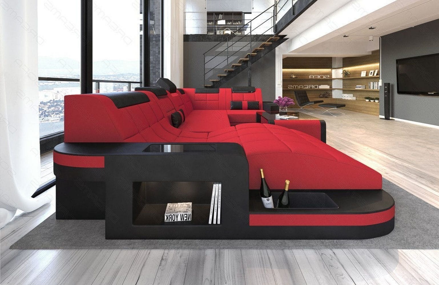 Stoff Wohnlandschaft Wave U-Form mit LED Rot-Schwarz