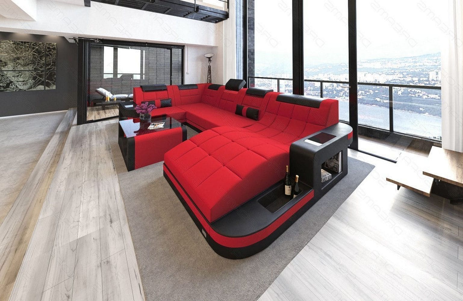 Stoff Wohnlandschaft Wave U-Form mit LED Rot-Schwarz