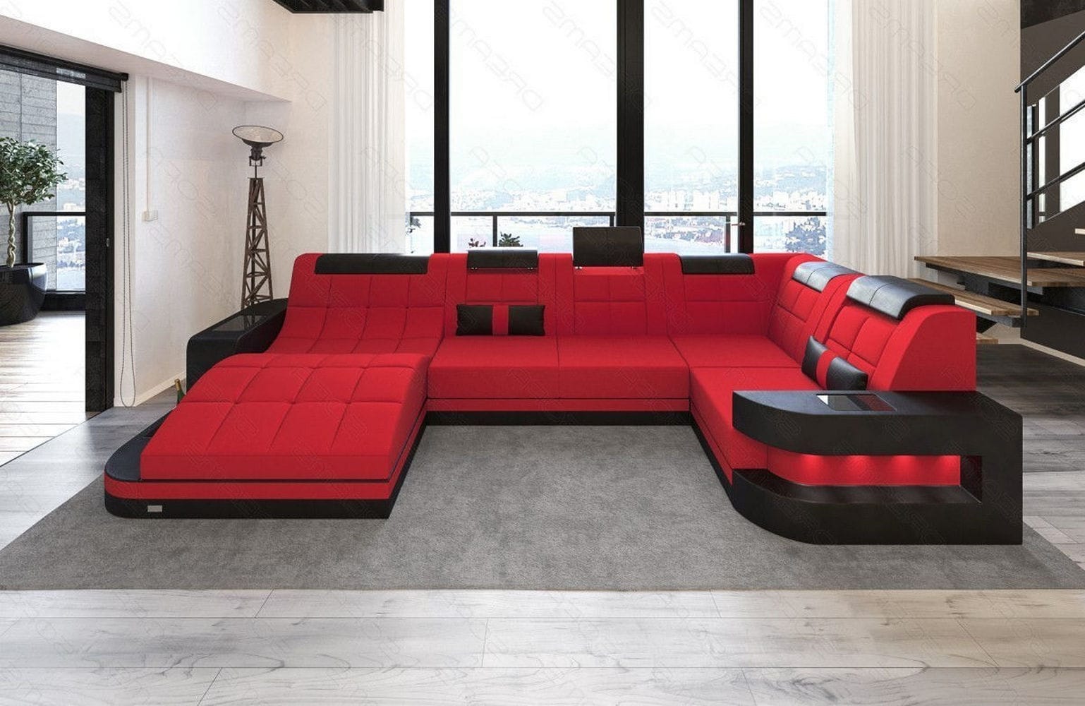 Stoff Wohnlandschaft Wave U-Form mit LED Rot-Schwarz