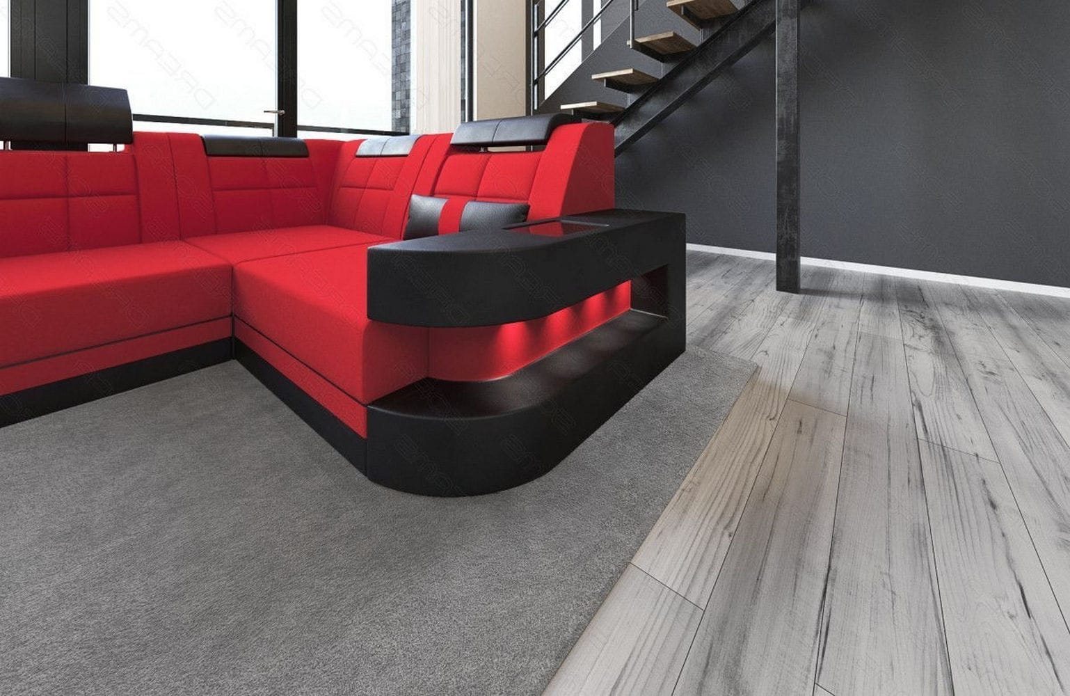 Stoff Wohnlandschaft Wave U-Form mit LED Rot-Schwarz