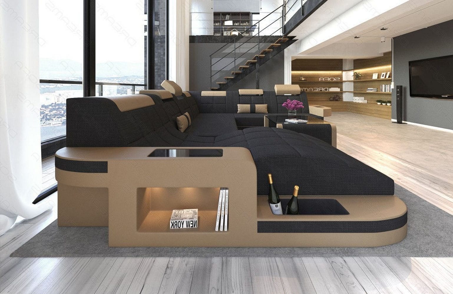 Stoff Wohnlandschaft Wave XL Materialmix Schwarz-Sandbeige