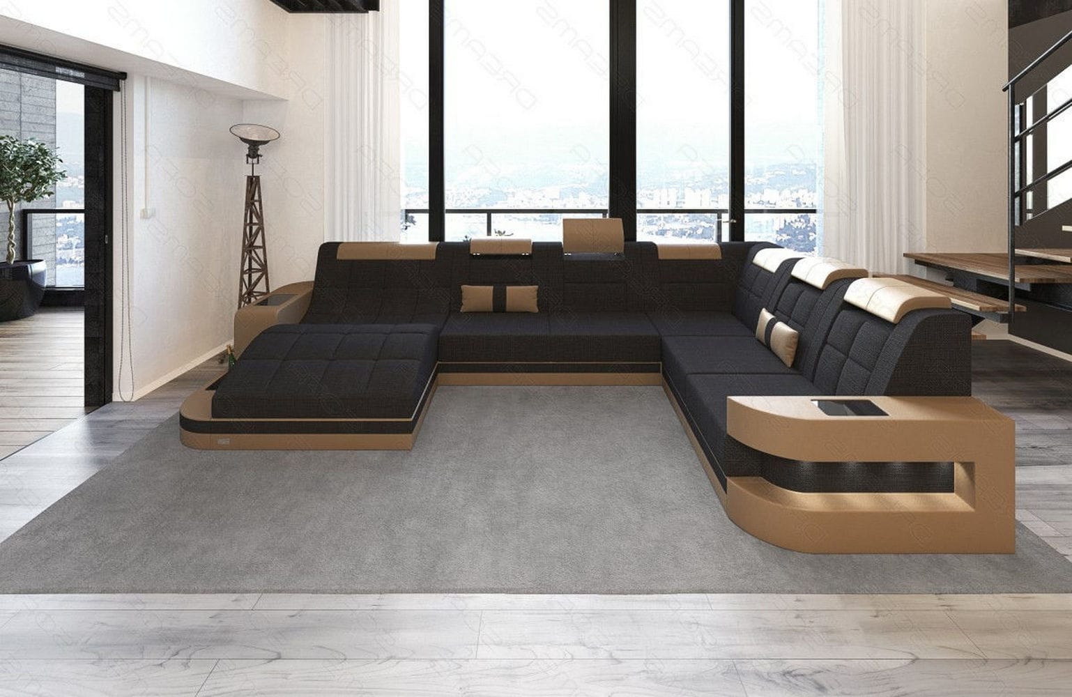 Stoff Wohnlandschaft Wave XL Materialmix Schwarz-Sandbeige