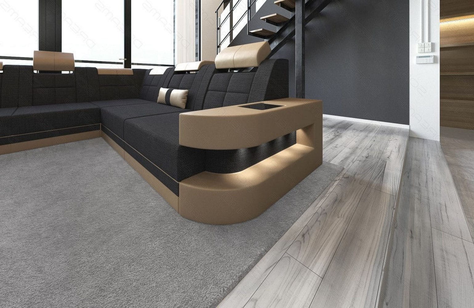 Stoff Wohnlandschaft Wave XL Materialmix Schwarz-Sandbeige