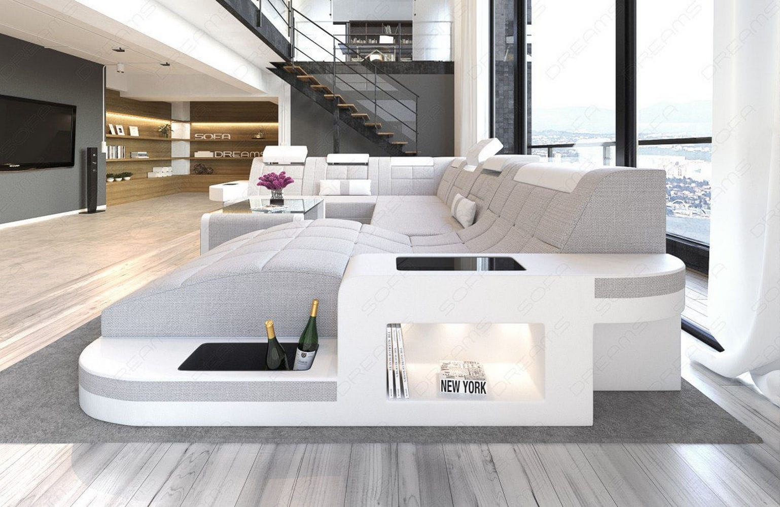 Stoff Wohnlandschaft Wave XL Materialmix Macchiato-Weiß