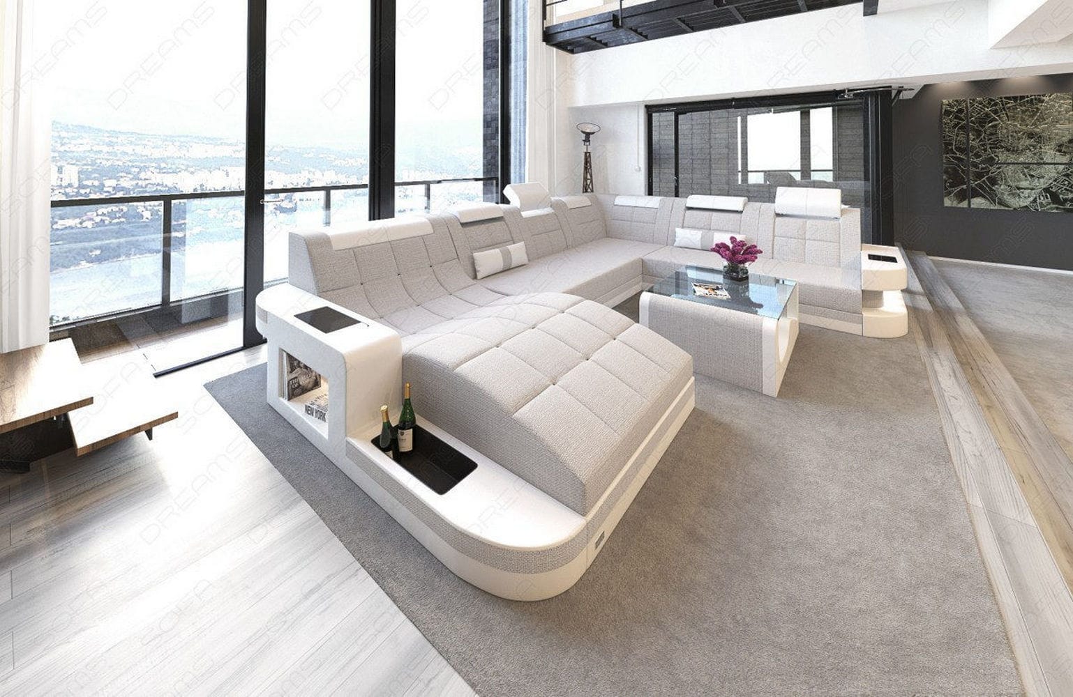 Stoff Wohnlandschaft Wave XL Materialmix Macchiato-Weiß
