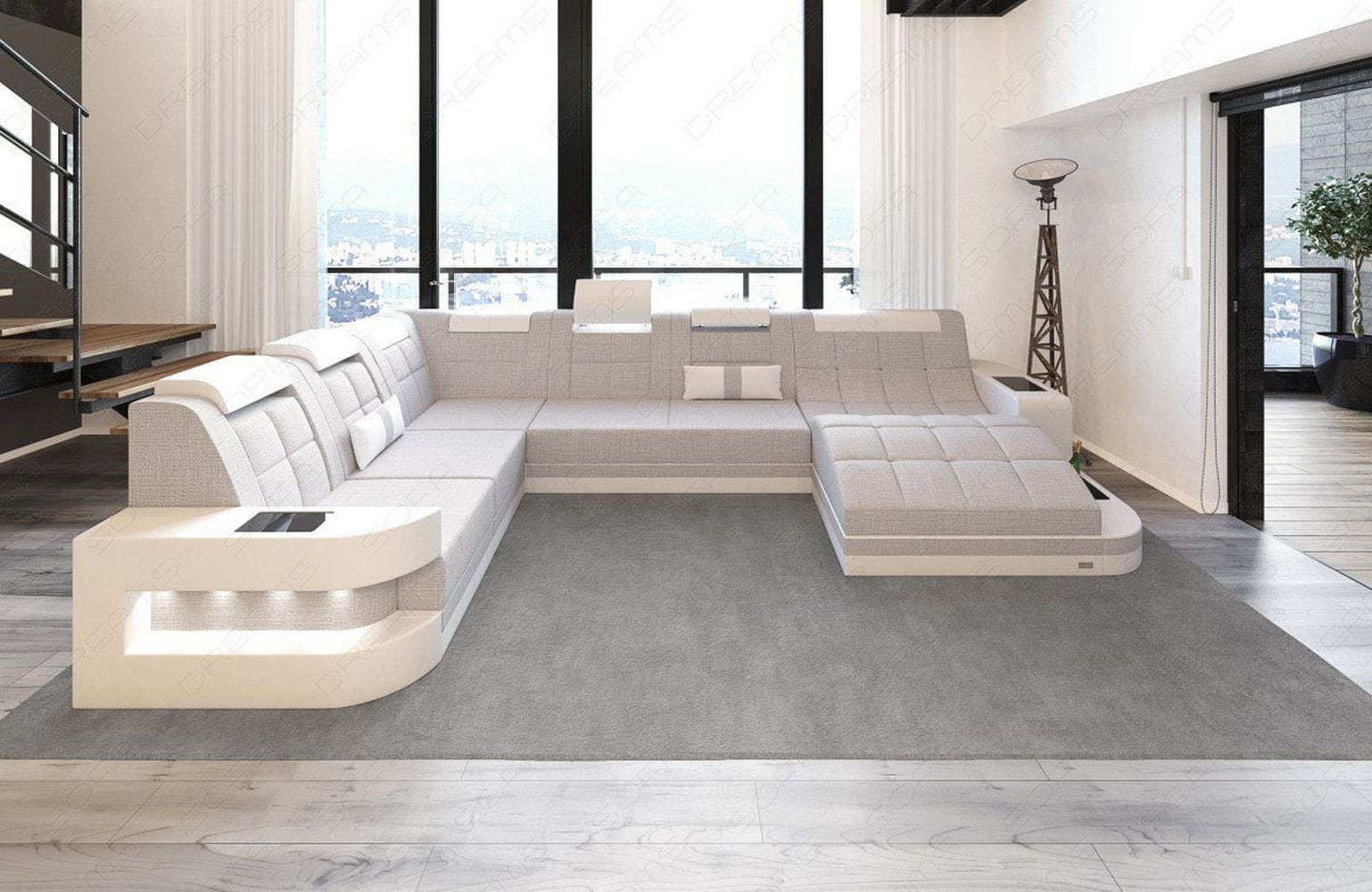 Stoff Wohnlandschaft Wave XL Materialmix Macchiato-Weiß