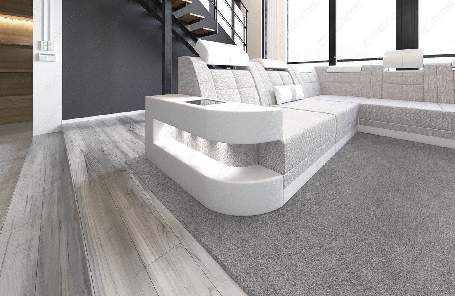 Stoff Wohnlandschaft Wave XL Materialmix Macchiato-Weiß