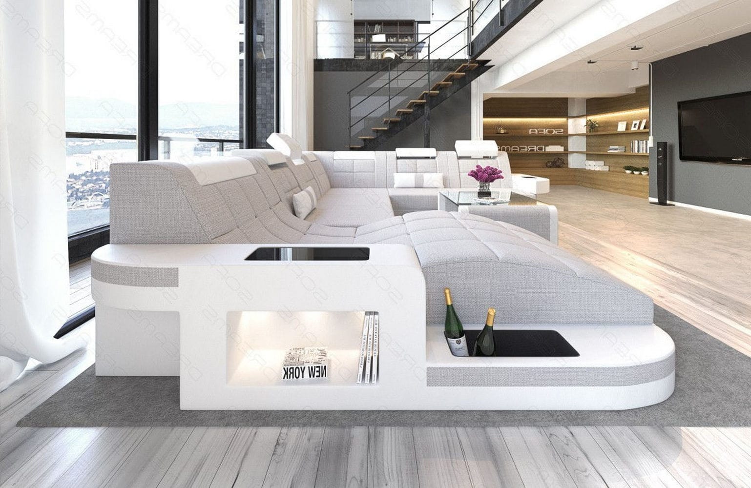 Stoff Wohnlandschaft Wave XL Materialmix Macchiato-Weiß