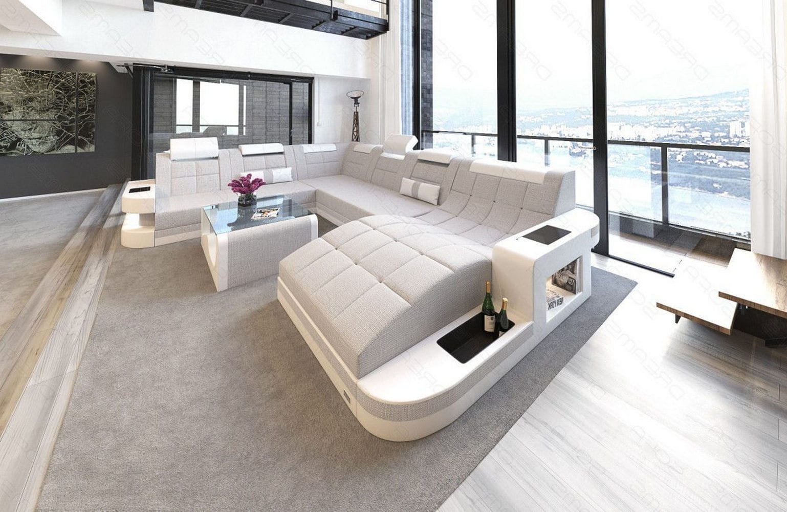 Stoff Wohnlandschaft Wave XL Materialmix Macchiato-Weiß