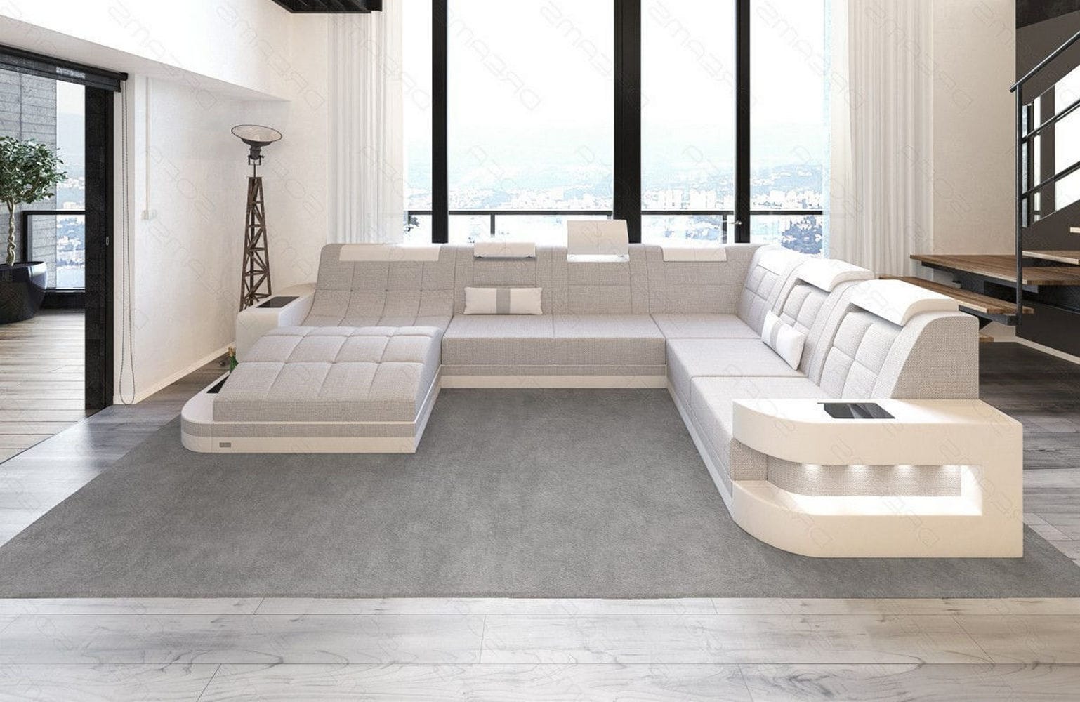 Stoff Wohnlandschaft Wave XL Materialmix Macchiato-Weiß