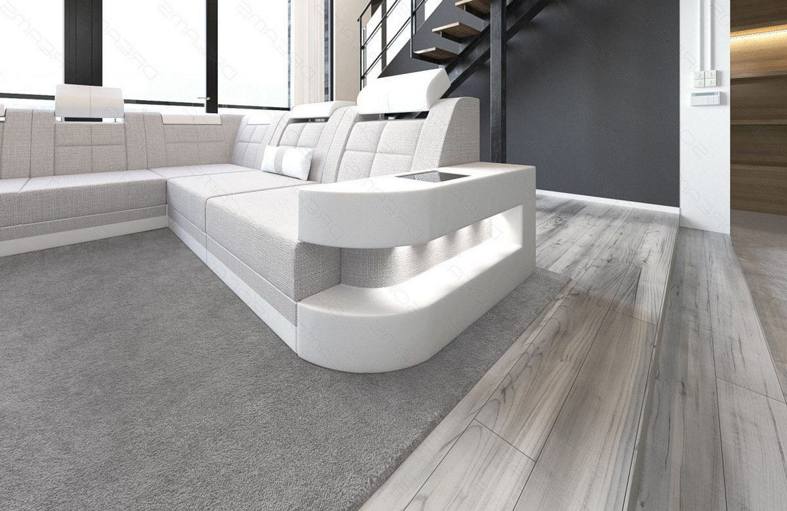 Stoff Wohnlandschaft Wave XL Materialmix Macchiato-Weiß