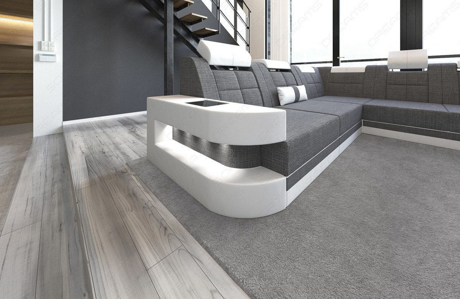 Stoff Wohnlandschaft Wave XL Materialmix Grau-Weiß