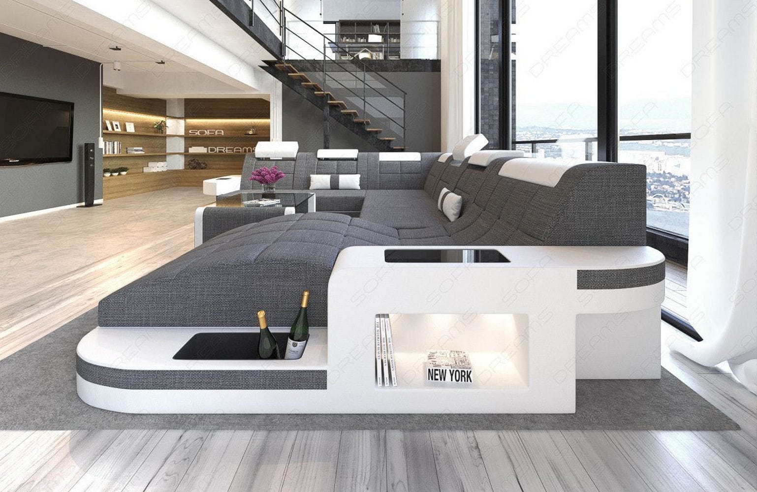 Stoff Wohnlandschaft Wave XL Materialmix Grau-Weiß