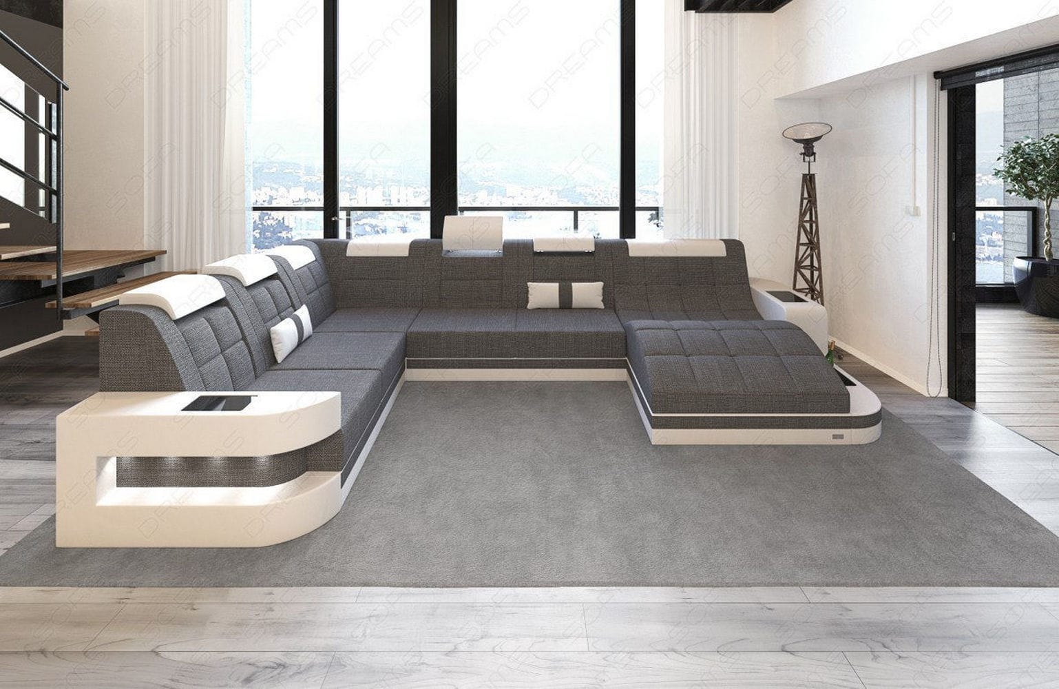 Stoff Wohnlandschaft Wave XL Materialmix Grau-Weiß