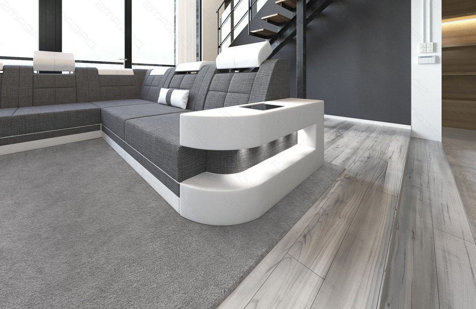 Stoff Wohnlandschaft Wave XL Materialmix Grau-Weiß