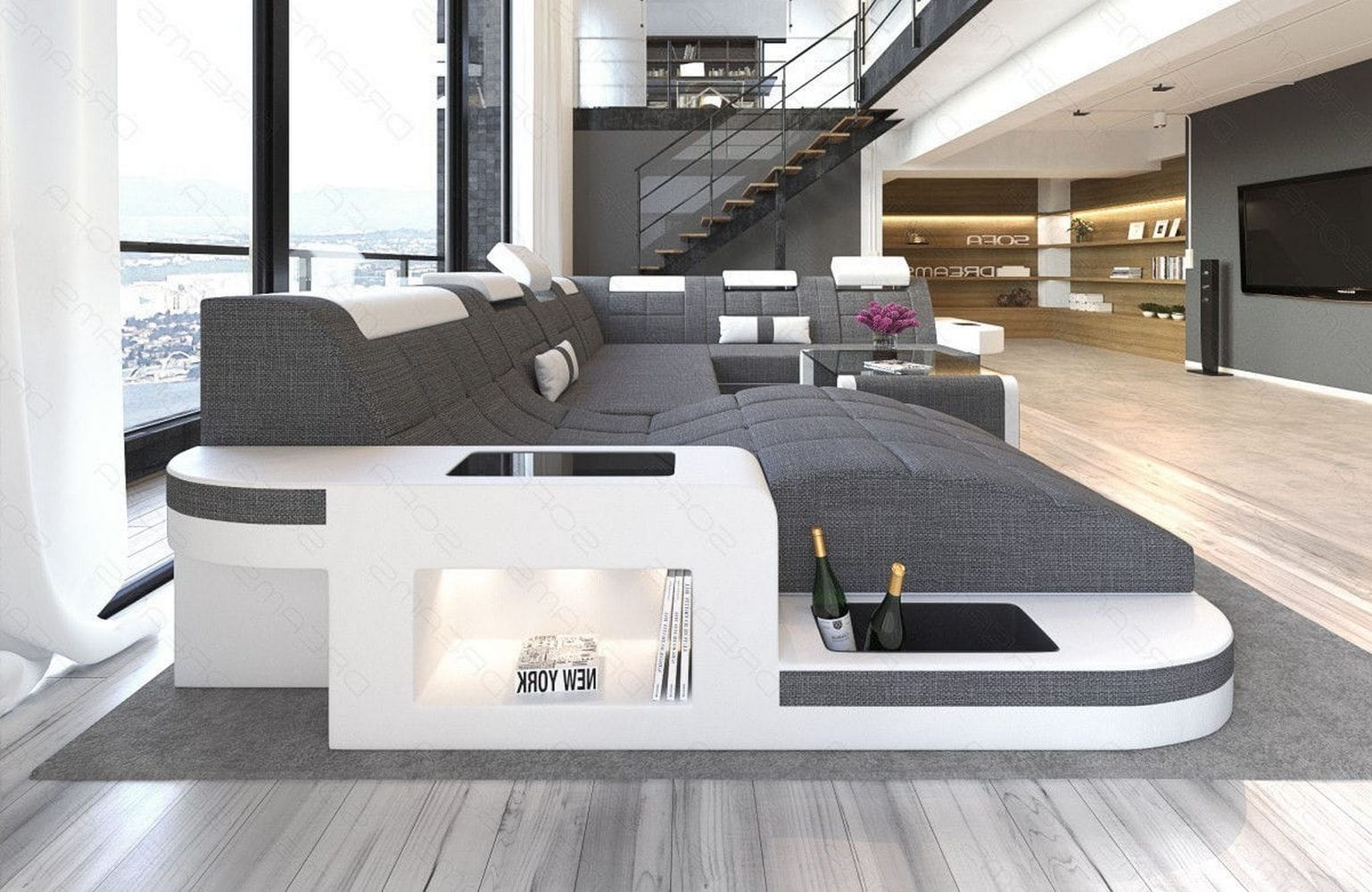 Stoff Wohnlandschaft Wave XL Materialmix Grau-Weiß