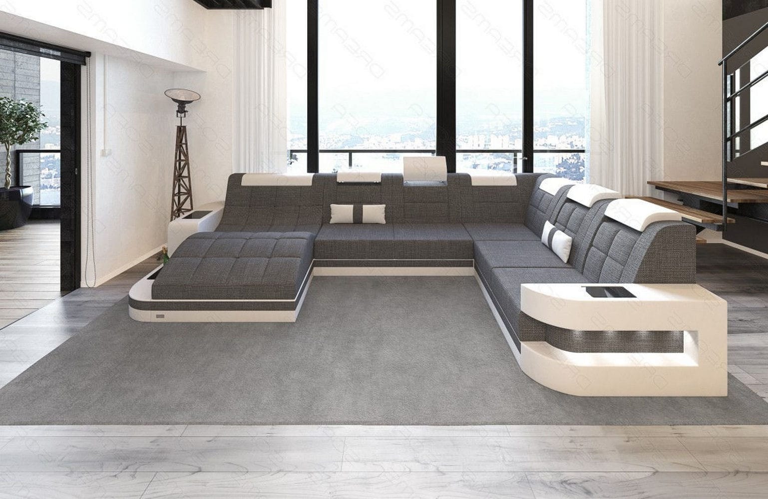 Stoff Wohnlandschaft Wave XL Materialmix Grau-Weiß