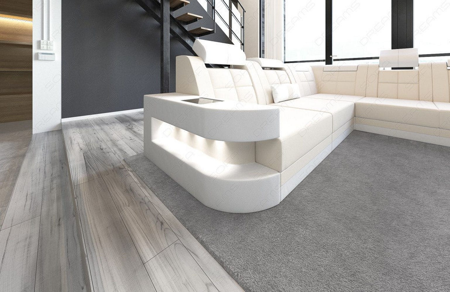 Stoff Wohnlandschaft Wave XL Materialmix Elfenbein-Weiß