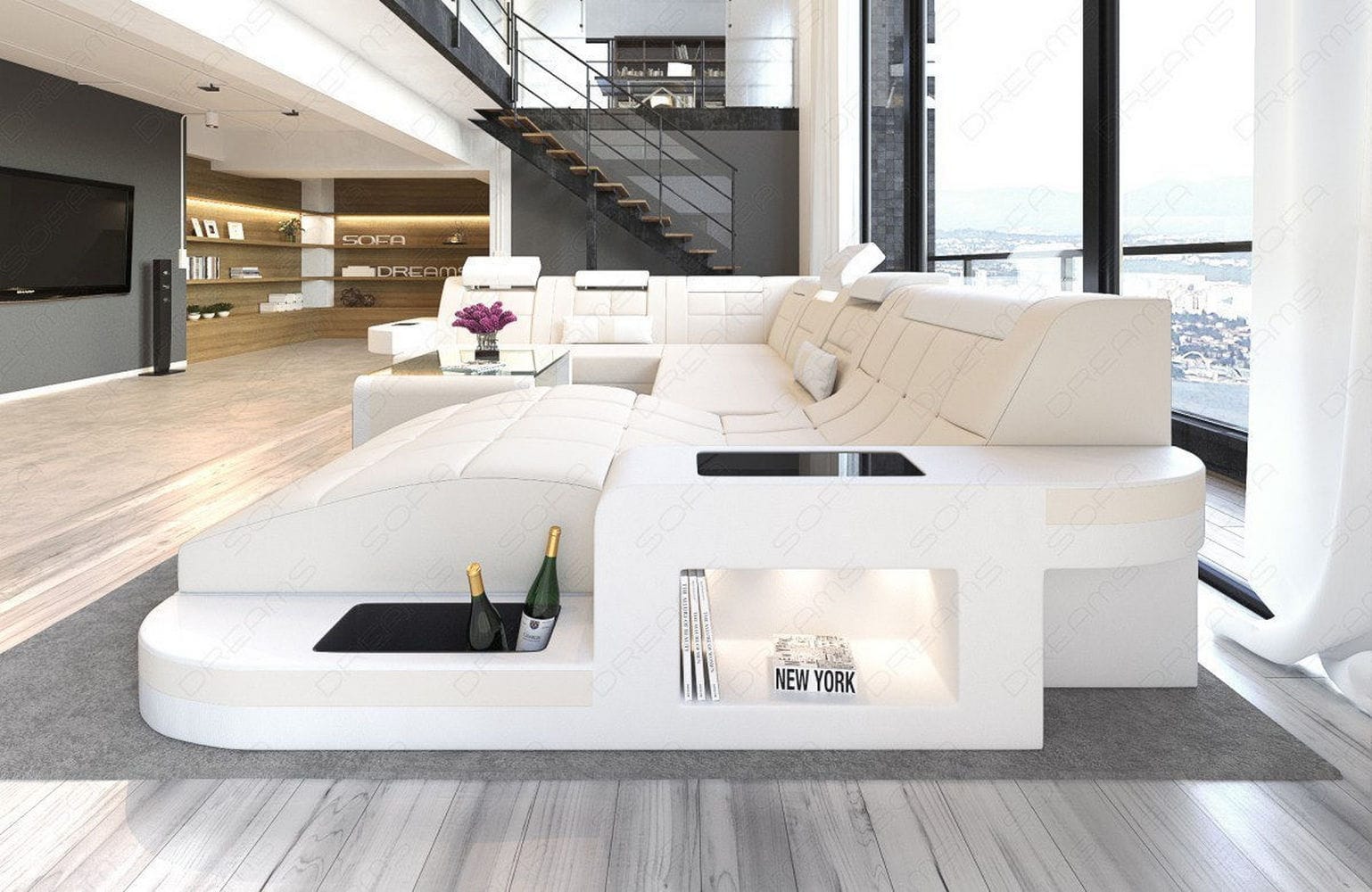 Stoff Wohnlandschaft Wave XL Materialmix Elfenbein-Weiß