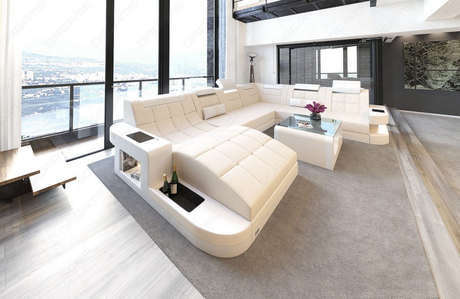 Stoff Wohnlandschaft Wave XL Materialmix Elfenbein-Weiß
