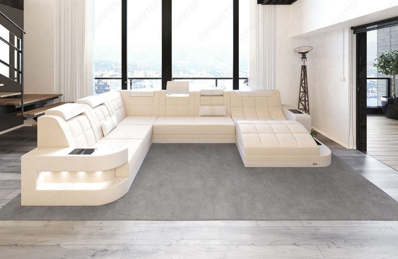 Stoff Wohnlandschaft Wave XL Materialmix Elfenbein-Weiß