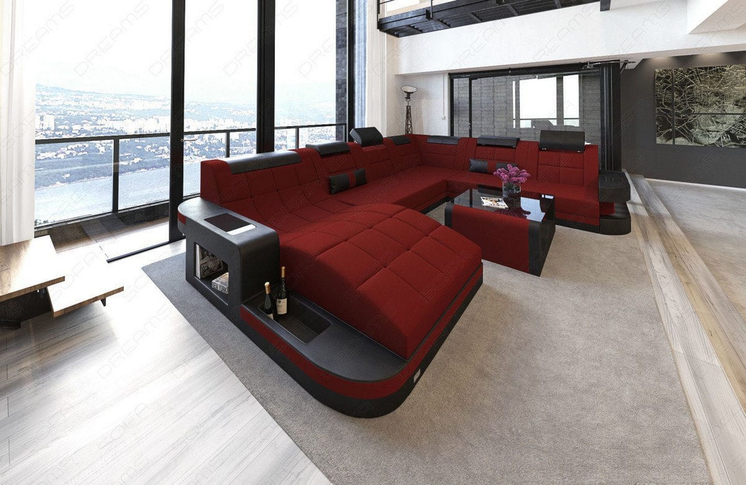 Stoff Wohnlandschaft Wave XL Materialmix Dunkelrot-Schwarz