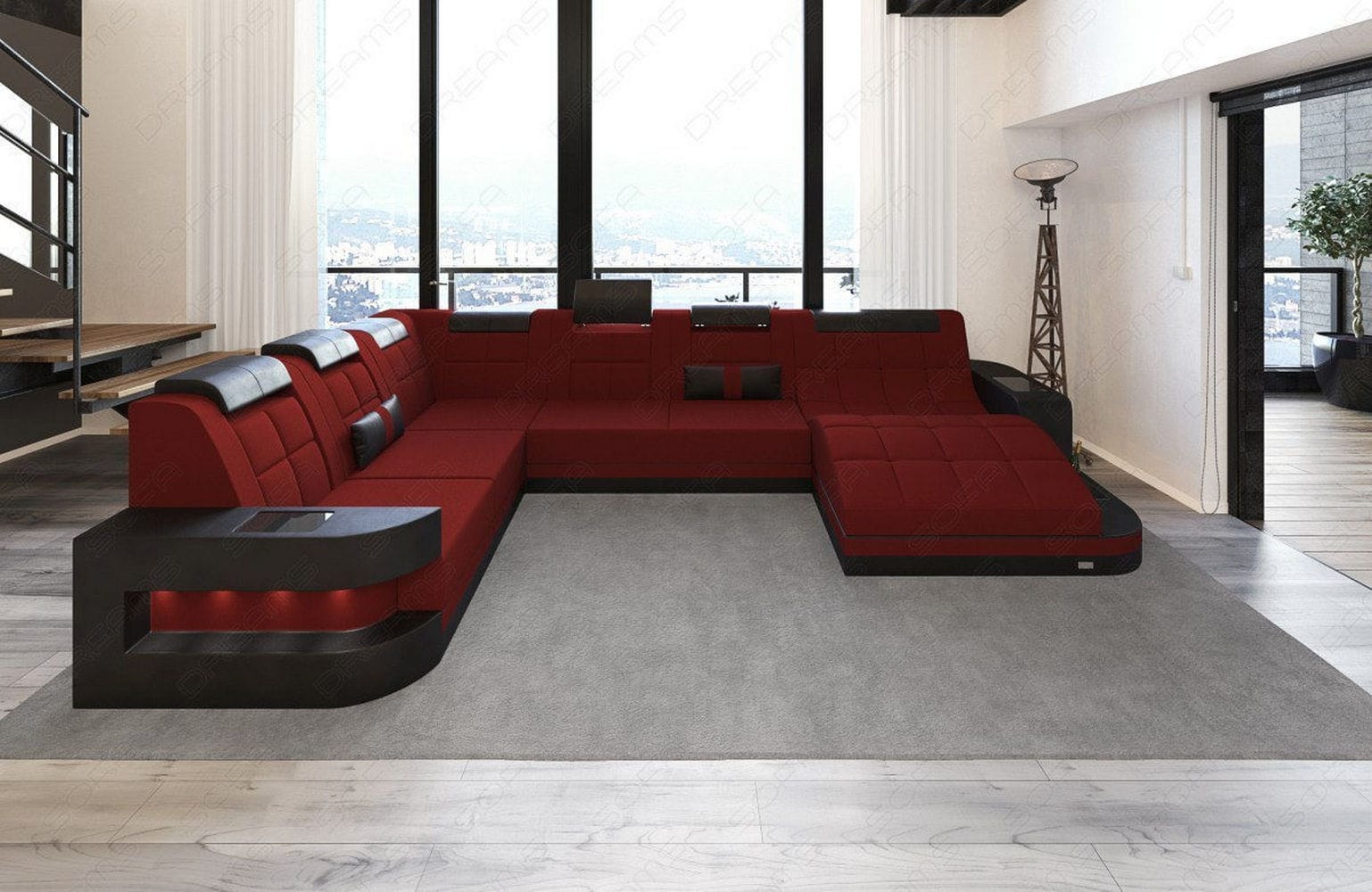 Stoff Wohnlandschaft Wave XL Materialmix Dunkelrot-Schwarz