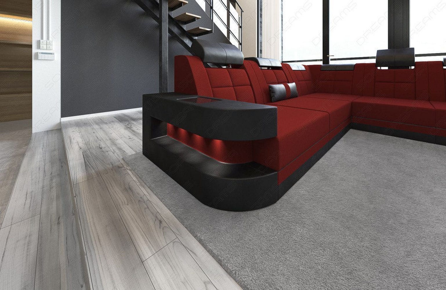 Stoff Wohnlandschaft Wave XL Materialmix Dunkelrot-Schwarz