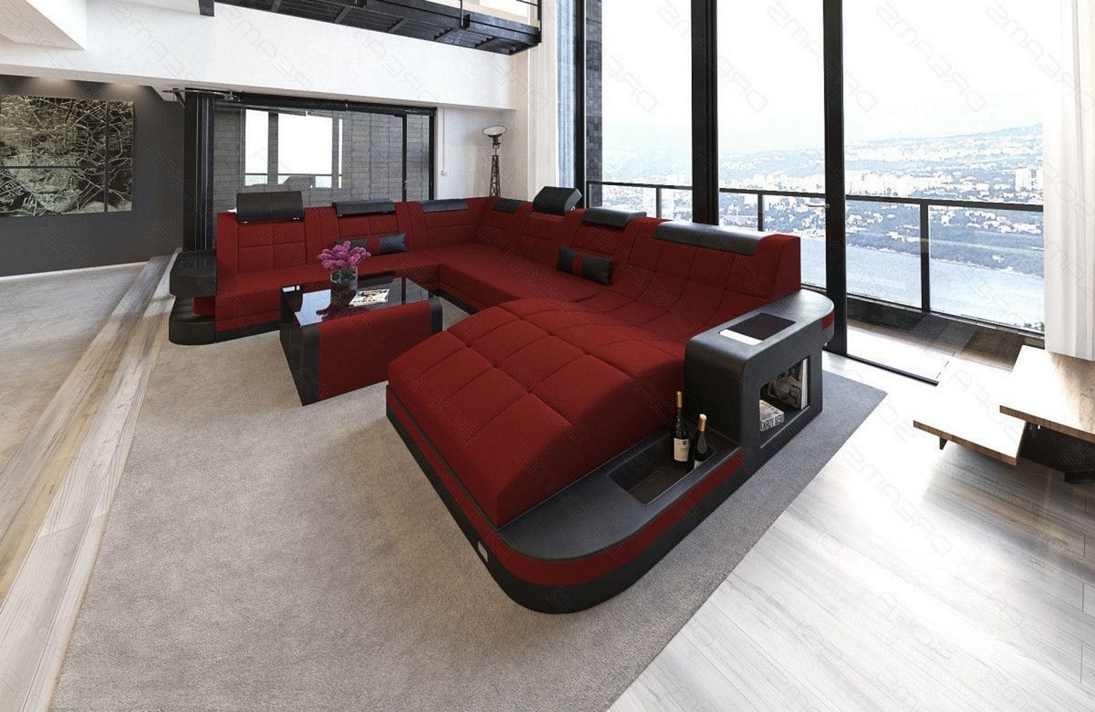 Stoff Wohnlandschaft Wave XL Materialmix Dunkelrot-Schwarz