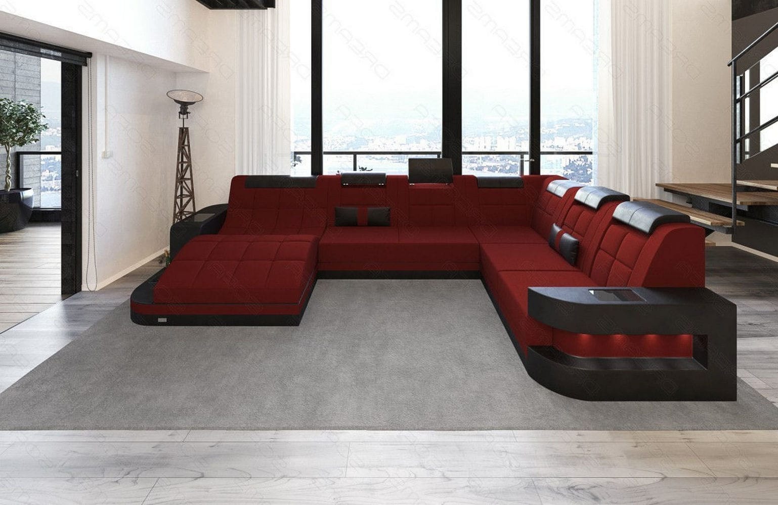 Stoff Wohnlandschaft Wave XL Materialmix Dunkelrot-Schwarz