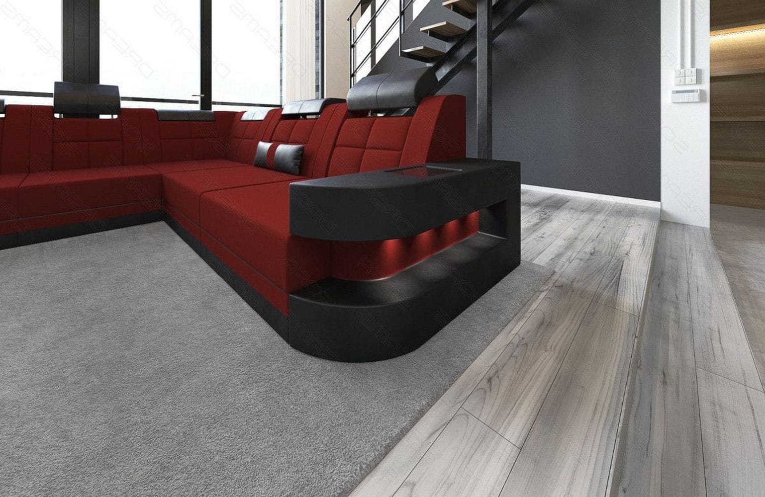 Stoff Wohnlandschaft Wave XL Materialmix Dunkelrot-Schwarz