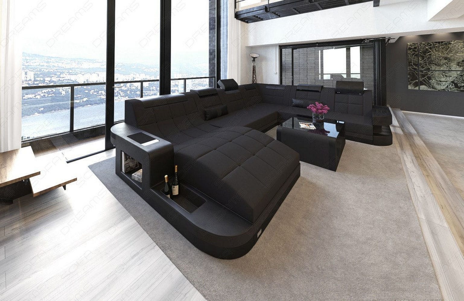 Stoff Wohnlandschaft Wave XL Materialmix Schwarz-Schwarz