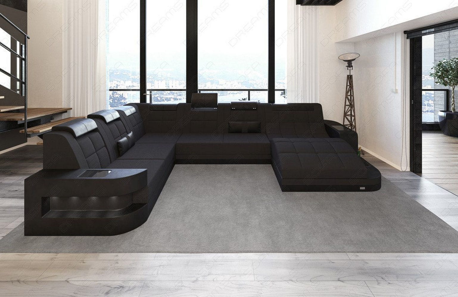 Stoff Wohnlandschaft Wave XL Materialmix Schwarz-Schwarz