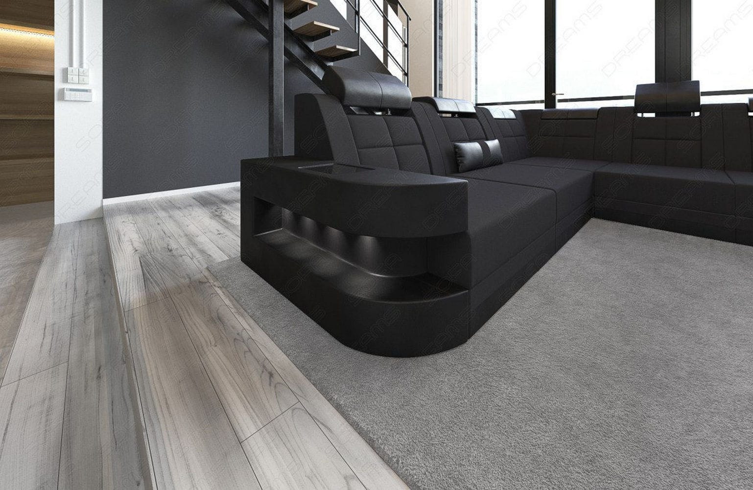 Stoff Wohnlandschaft Wave XL Materialmix Schwarz-Schwarz