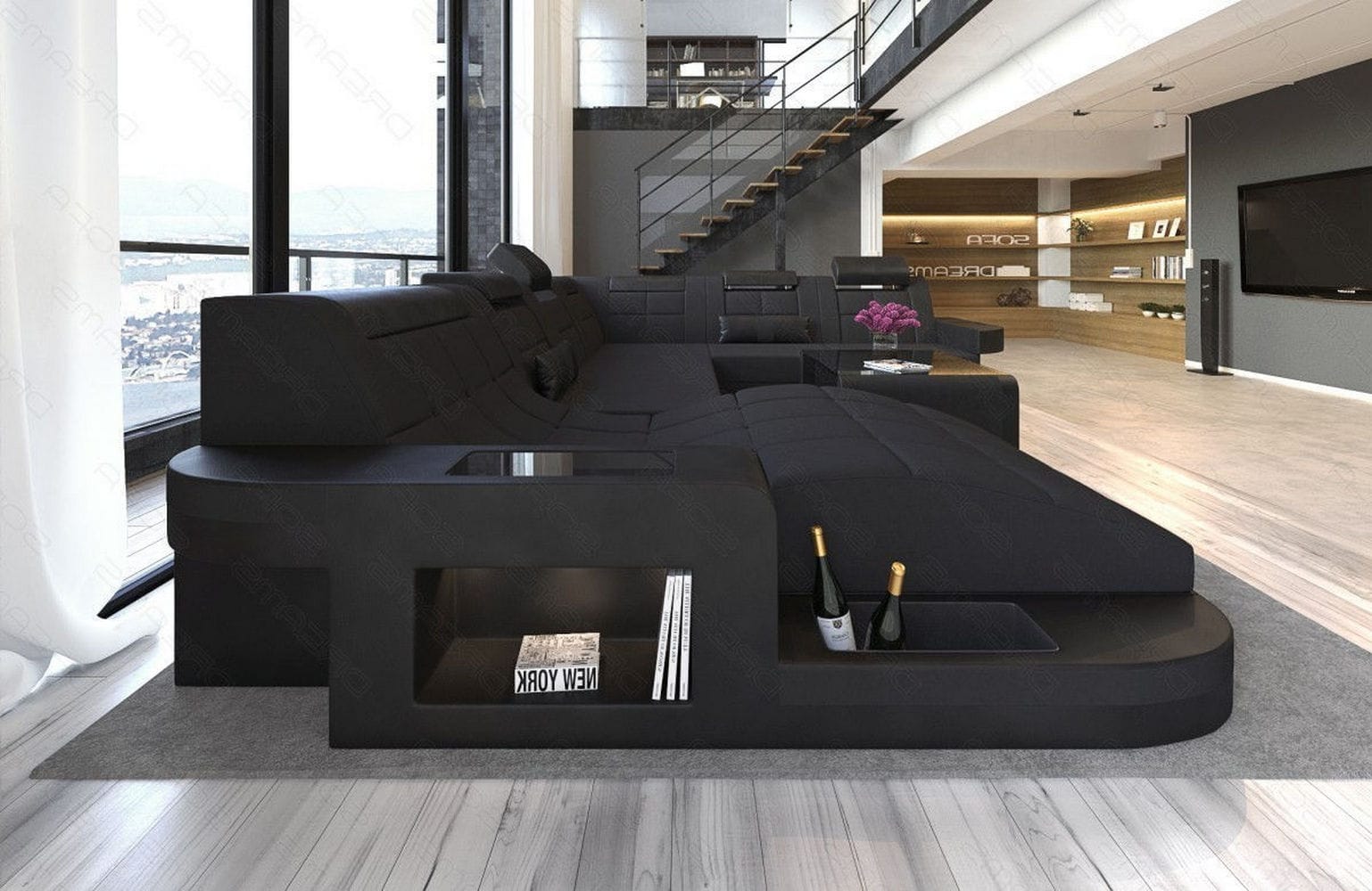 Stoff Wohnlandschaft Wave XL Materialmix Schwarz-Schwarz