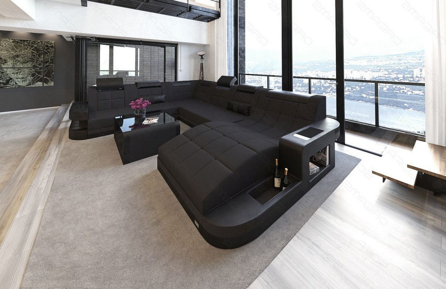 Stoff Wohnlandschaft Wave XL Materialmix Schwarz-Schwarz