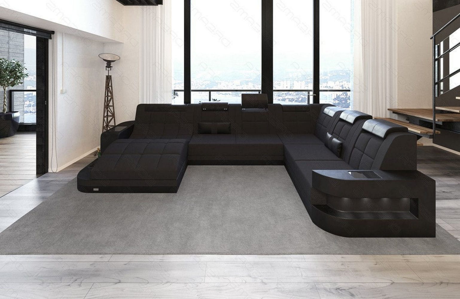 Stoff Wohnlandschaft Wave XL Materialmix Schwarz-Schwarz