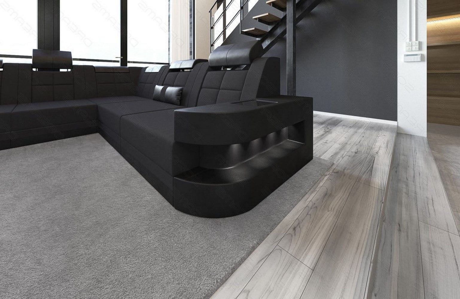 Stoff Wohnlandschaft Wave XL Materialmix Schwarz-Schwarz