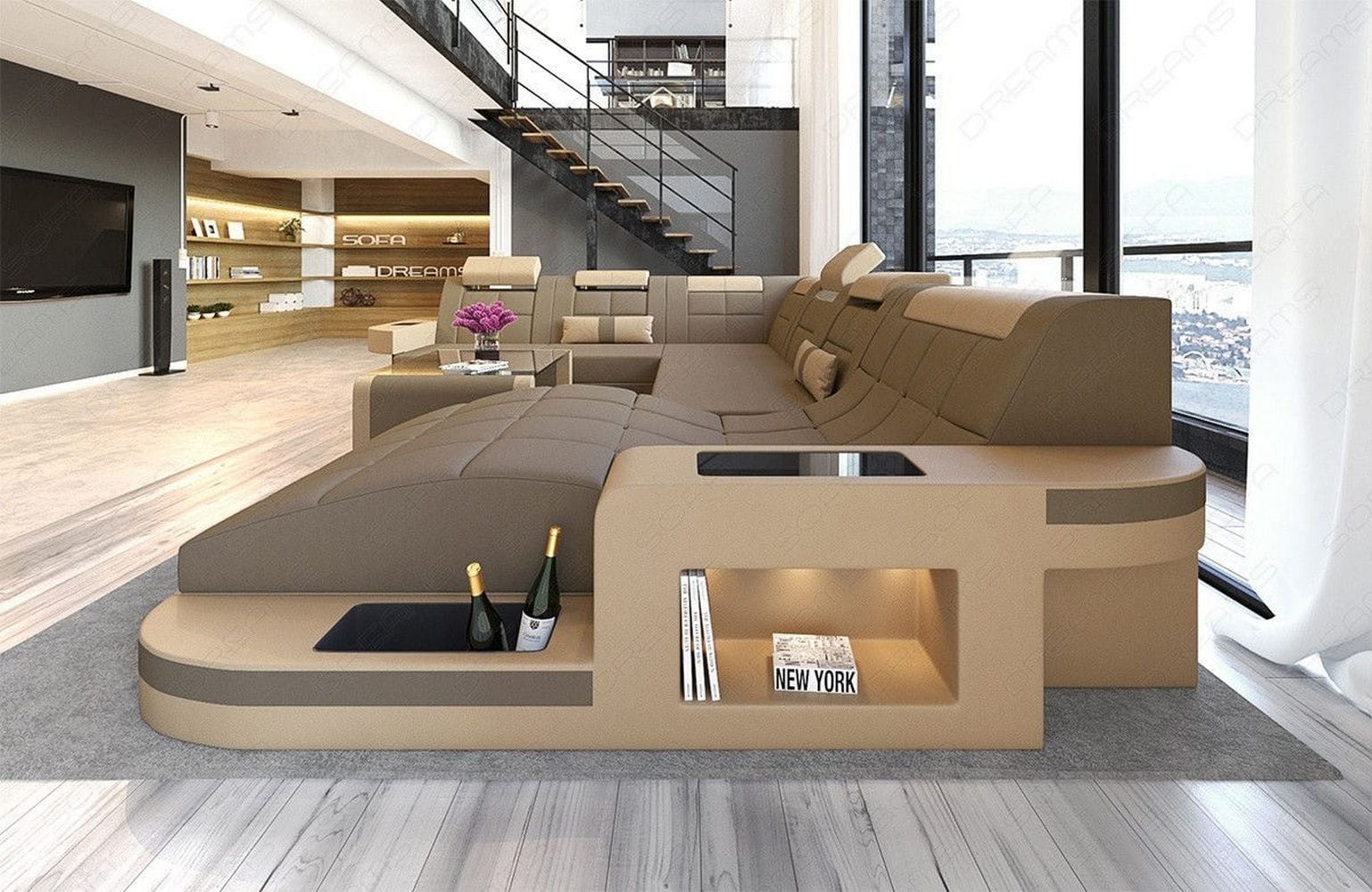 Stoff Wohnlandschaft Wave XL Materialmix Taupe-Sandbeige
