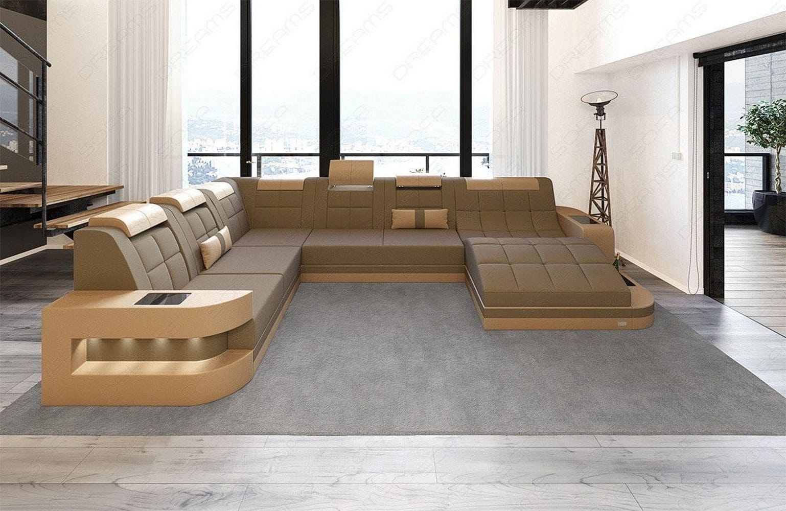 Stoff Wohnlandschaft Wave XL Materialmix Taupe-Sandbeige