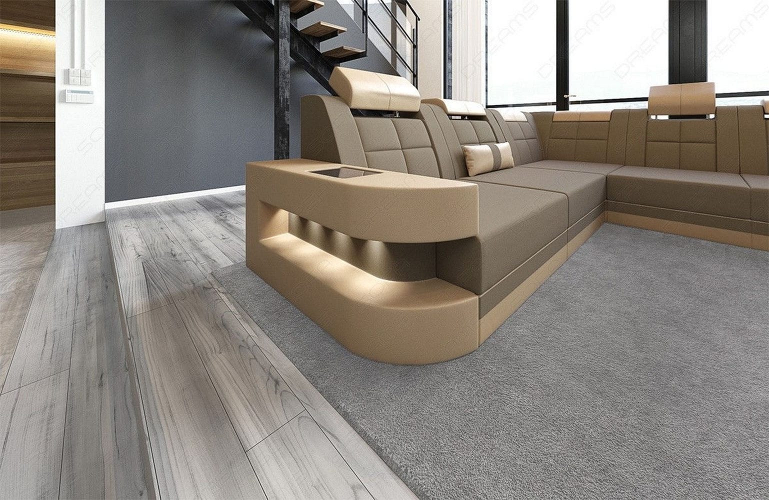 Stoff Wohnlandschaft Wave XL Materialmix Taupe-Sandbeige