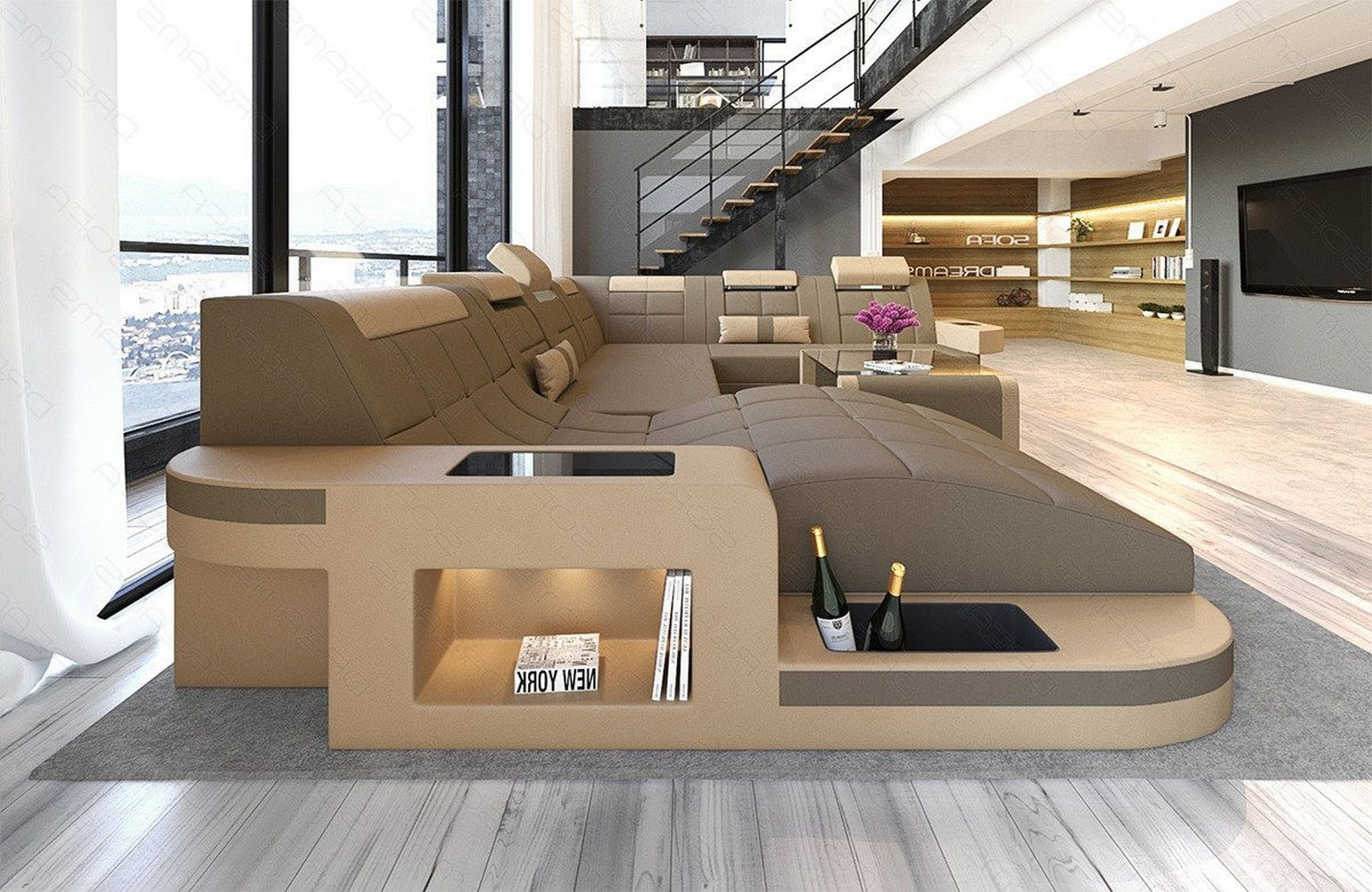 Stoff Wohnlandschaft Wave XL Materialmix Taupe-Sandbeige