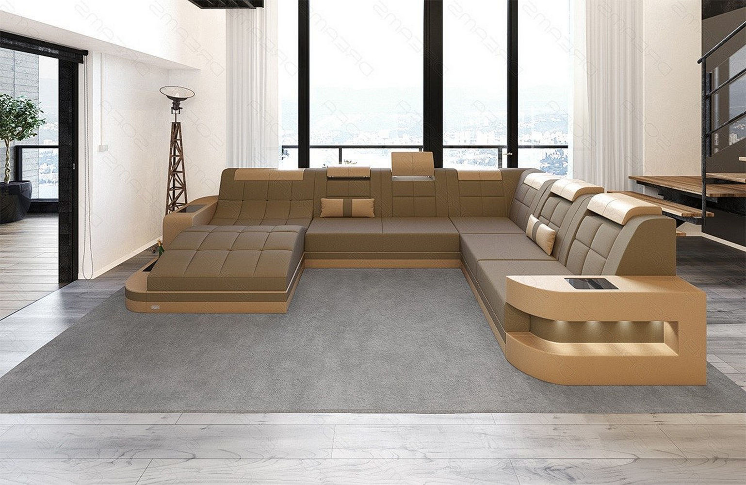 Stoff Wohnlandschaft Wave XL Materialmix Taupe-Sandbeige