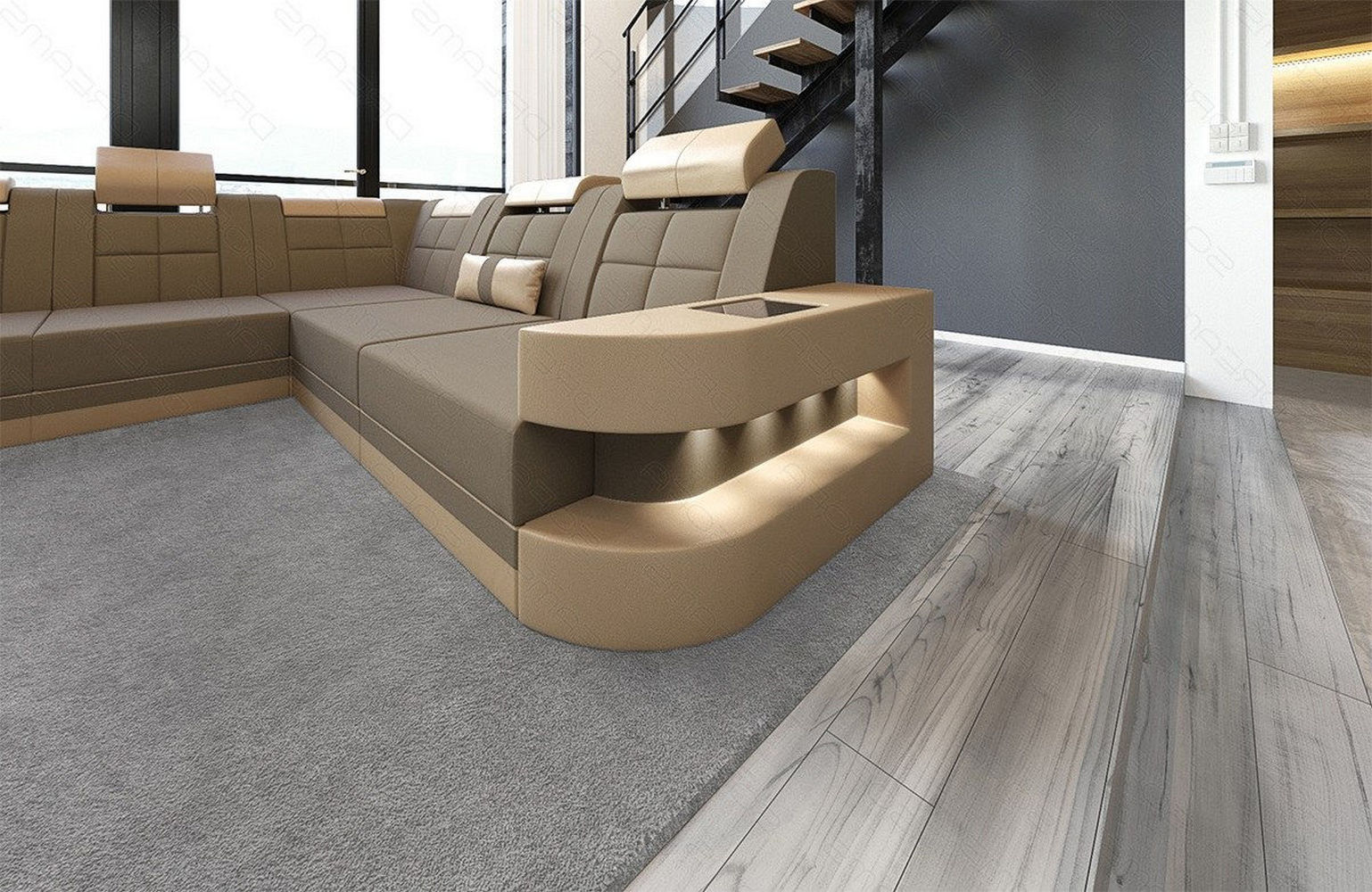 Stoff Wohnlandschaft Wave XL Materialmix Taupe-Sandbeige