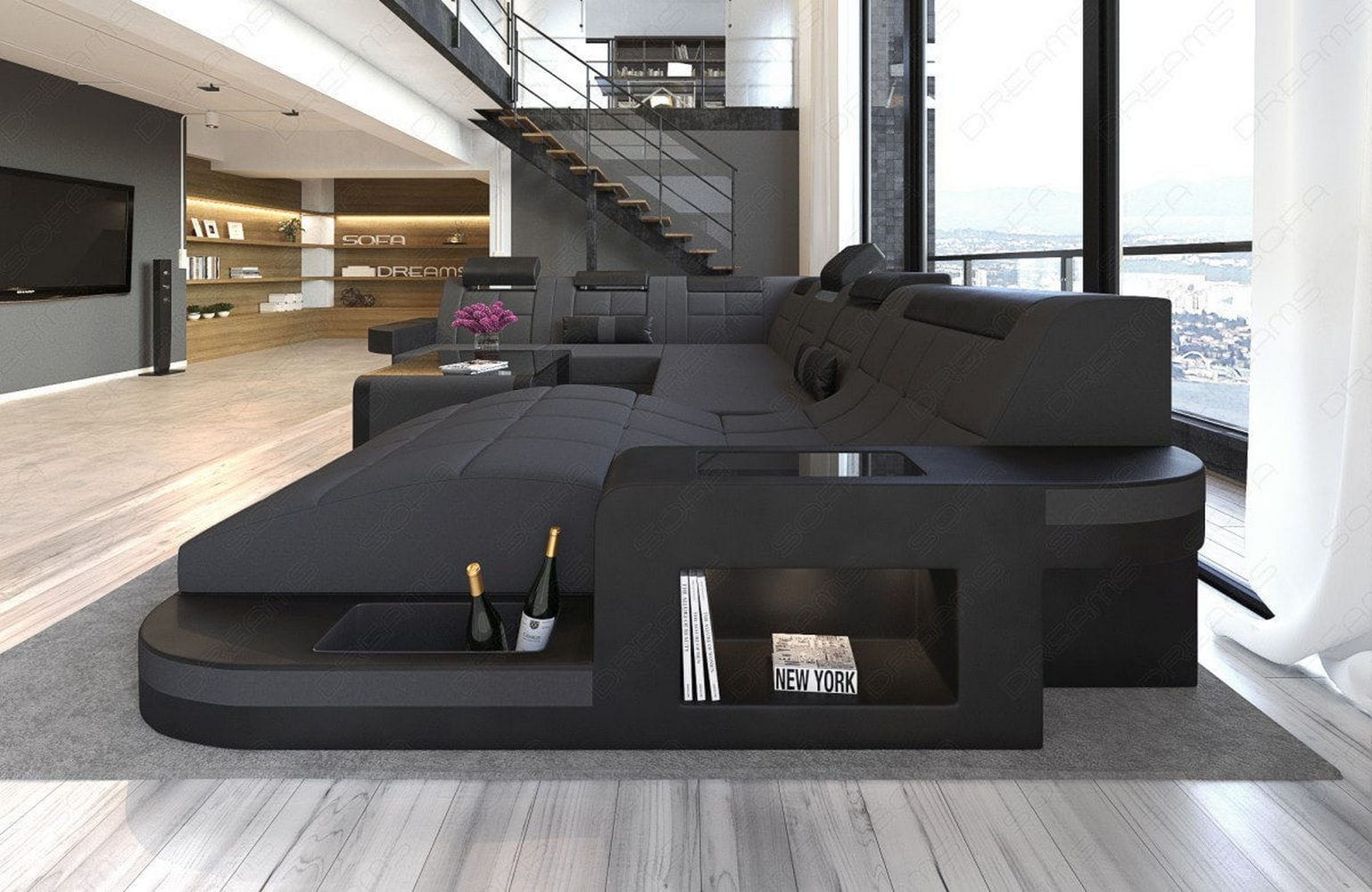 Stoff Wohnlandschaft Wave XL Materialmix Dunkelgrau-Schwarz