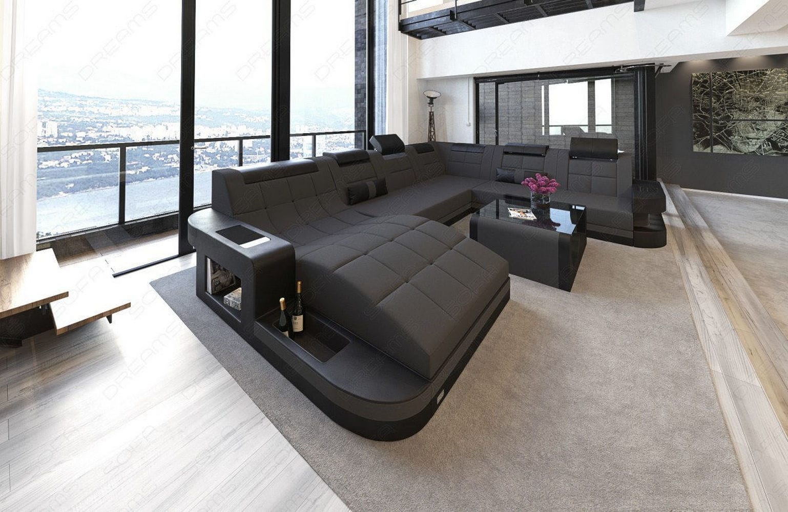 Stoff Wohnlandschaft Wave XL Materialmix Dunkelgrau-Schwarz