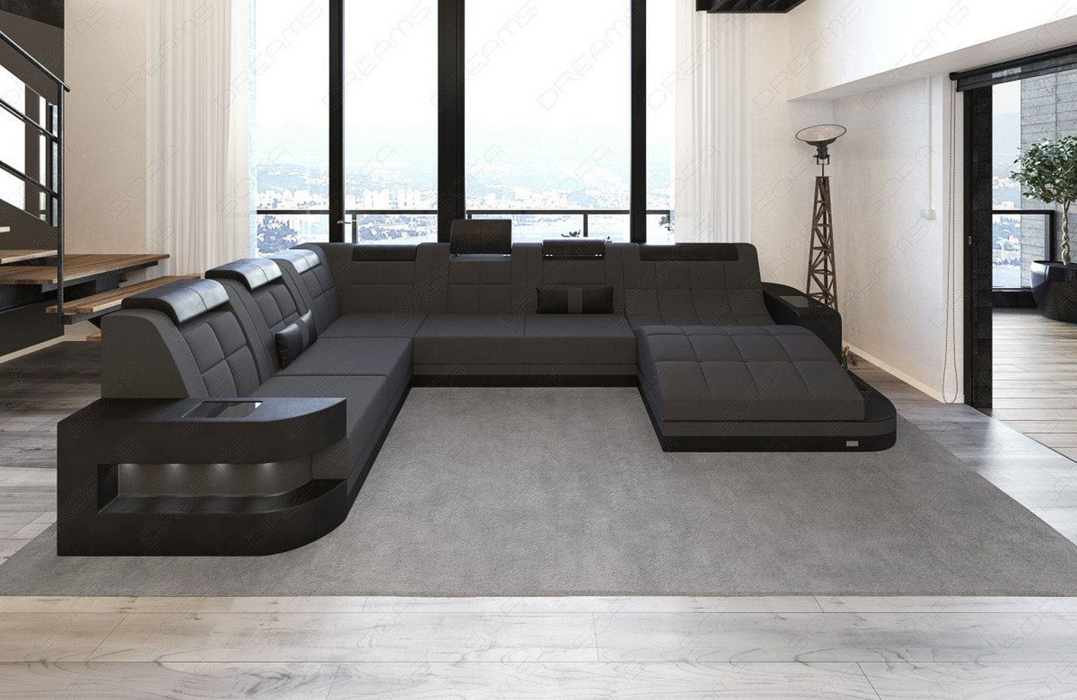 Stoff Wohnlandschaft Wave XL Materialmix Dunkelgrau-Schwarz