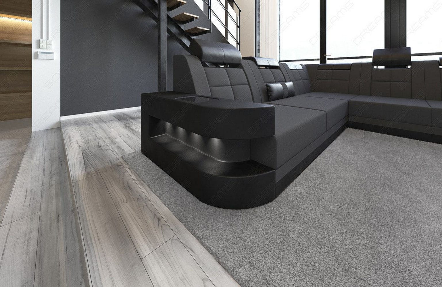 Stoff Wohnlandschaft Wave XL Materialmix Dunkelgrau-Schwarz