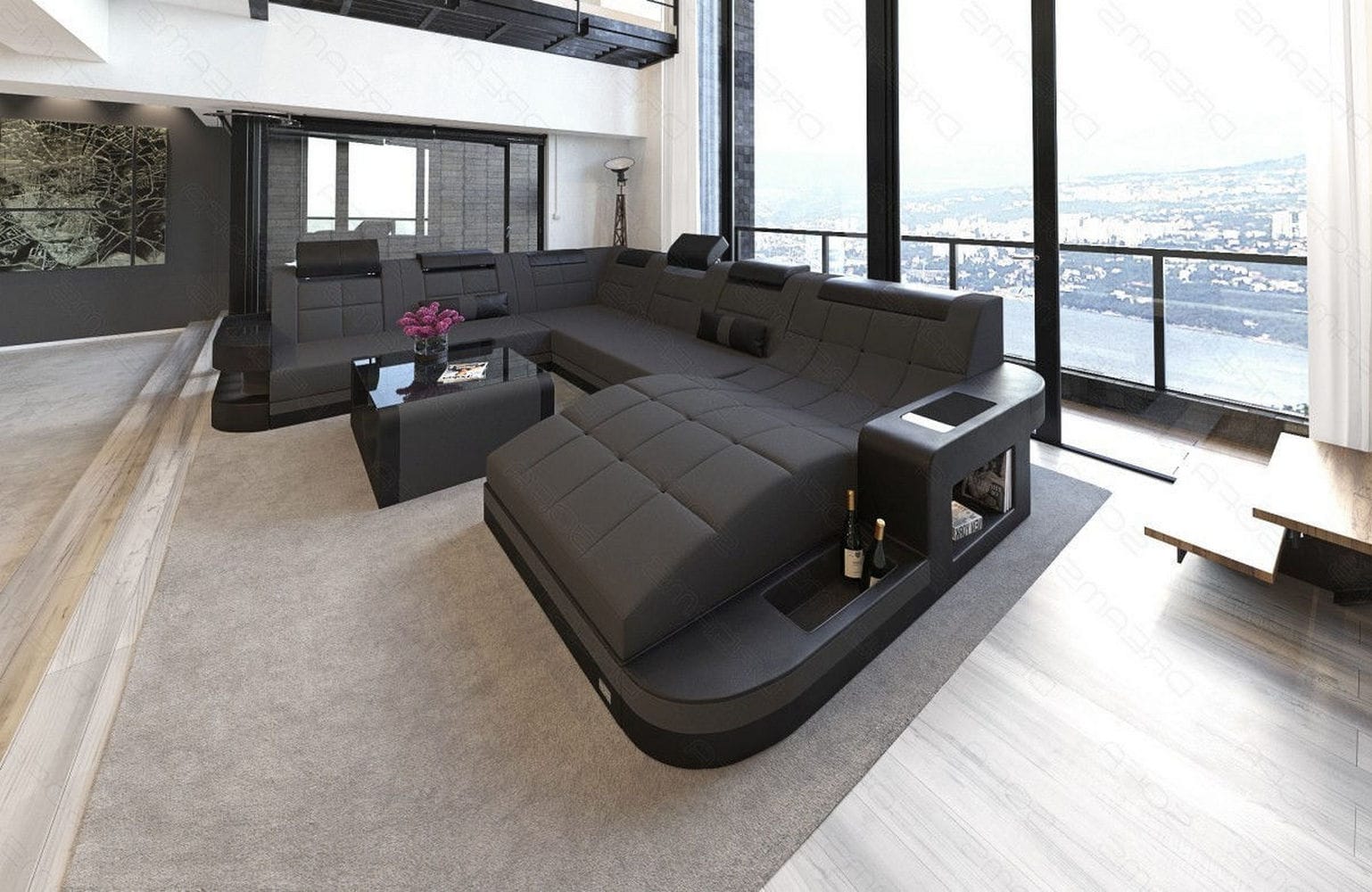 Stoff Wohnlandschaft Wave XL Materialmix Dunkelgrau-Schwarz