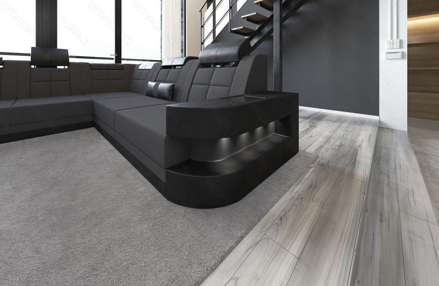 Stoff Wohnlandschaft Wave XL Materialmix Dunkelgrau-Schwarz